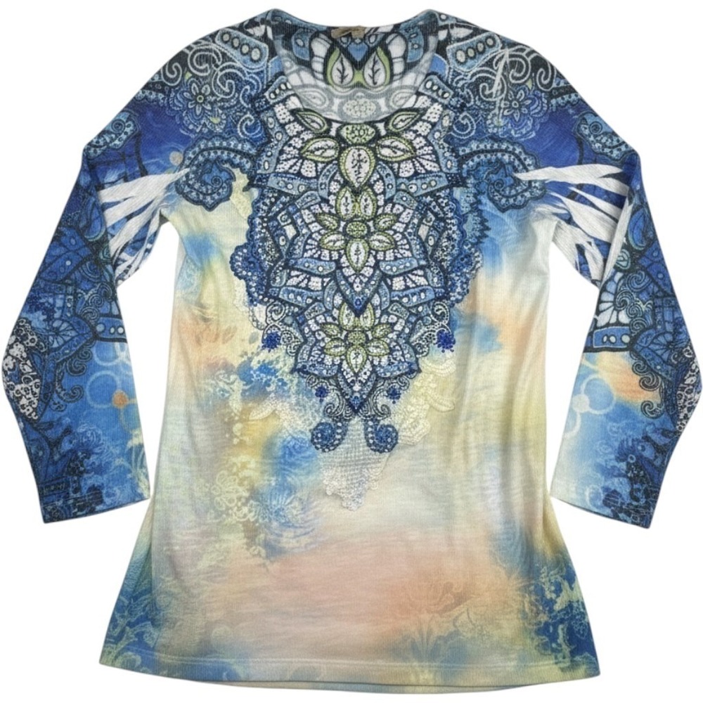 Reba Women Top Size M Polyester Rayon Paisley Boho Rhinestone Embellished Blue